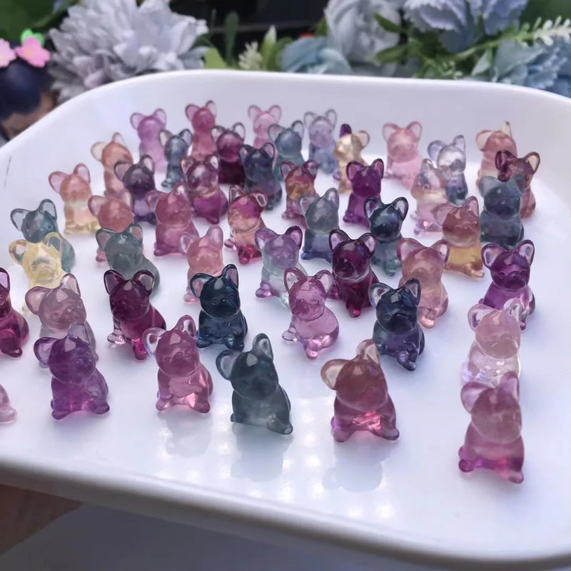 1 Pc Rainbow Fluorite Carved Dog French Bulldog Crystal Craft
