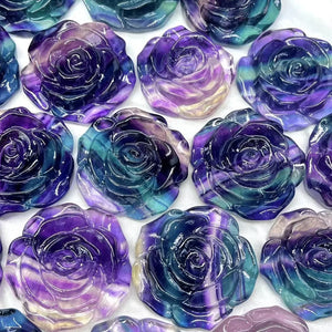 1 Pc Rainbow Fluorite Rose Flower Crystal Carved Plant Home Decoration