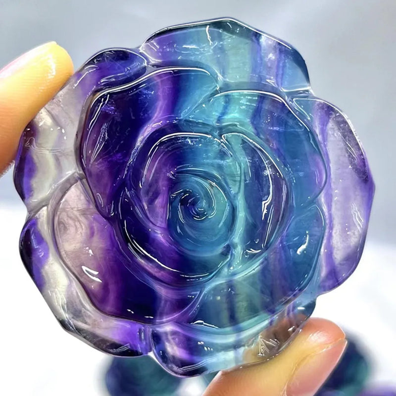 1 Pc Rainbow Fluorite Rose Flower Crystal Carved Plant Home Decoration