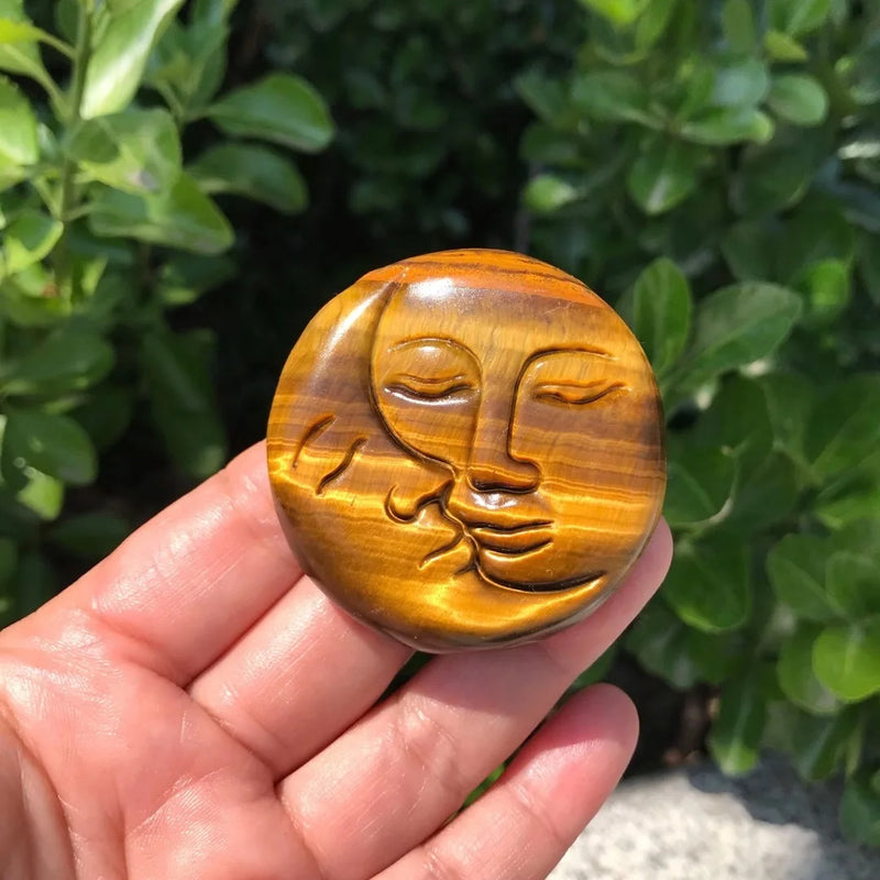 1 Pc Tiger Eye Sun & Moon Face Home Decoration Carved Craft Gift