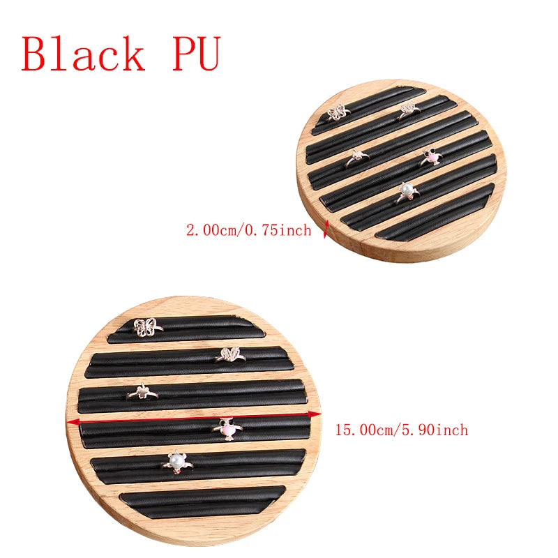 Wood PU Leather Rings Display Stand Tray Case Round Type