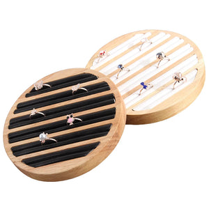 Wood PU Leather Rings Display Stand Tray Case Round Type