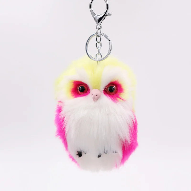 Fluffy Owl Keychain & Pendant Women Key Ring Faux Bunny Rabbit Fur Pompoms