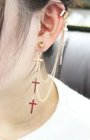 Cross Tassel Chains Ear Cuff Earrings Gothic Punk Style Clip Earring Jewelry