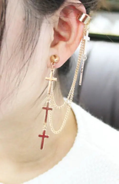 Cross Tassel Chains Ear Cuff Earrings Gothic Punk Style Clip Earring Jewelry