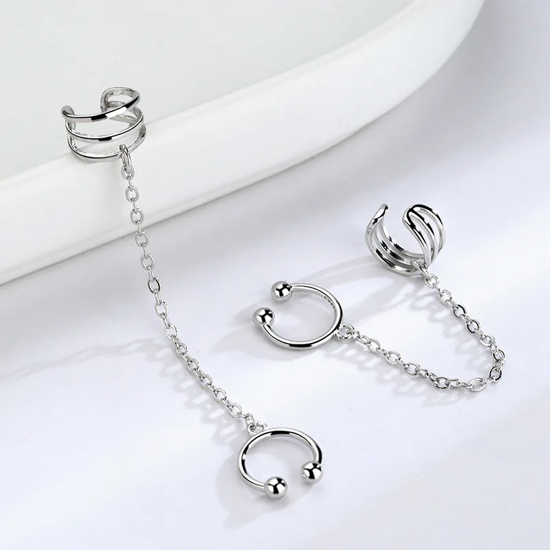 Crystal Ear Cuff Clip Chain Tassel Earrings Silver Korea Jewelry