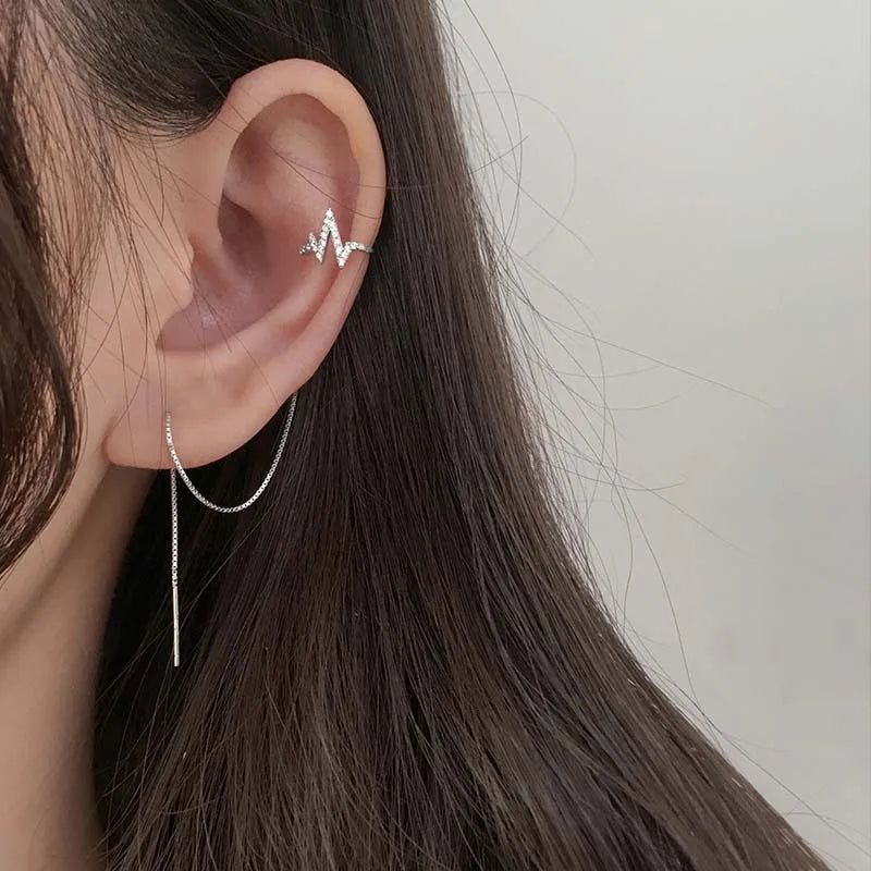 Crystal Ear Cuff Clip Chain Tassel Earrings Silver Korea Jewelry