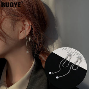 Pearl Clip On Earrings Women Silver Chain Earring Jewelry