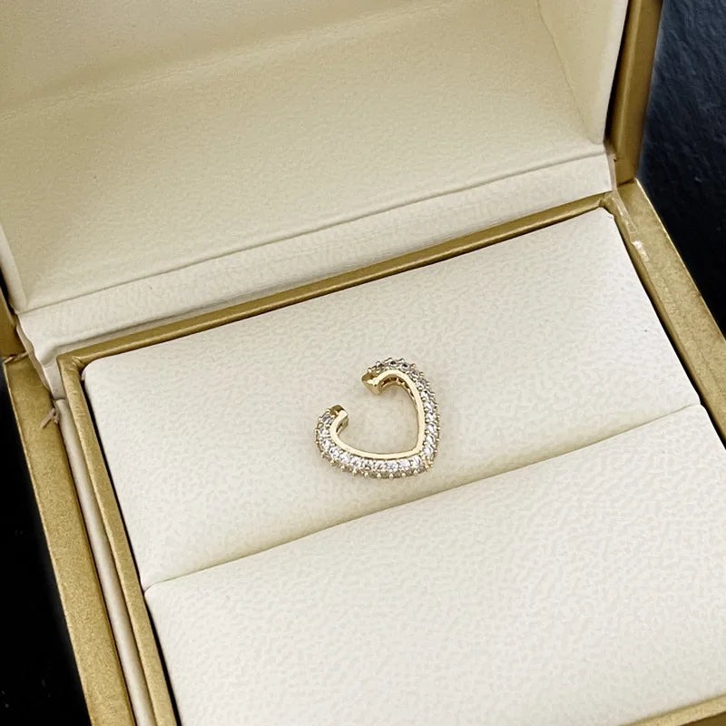 Silver Heart Clip-On Earrings Crystal Ear Cuff Classic Femme Ear Cuff