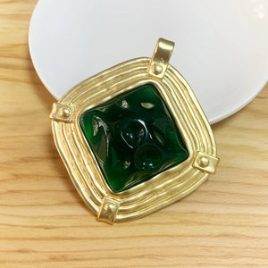 Matt Large Square & Green Resin Stone Charms Pendant for Necklace