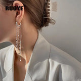 Silver Elf Clip Earrings Star Crystal Tassel Chain Ear Cuff