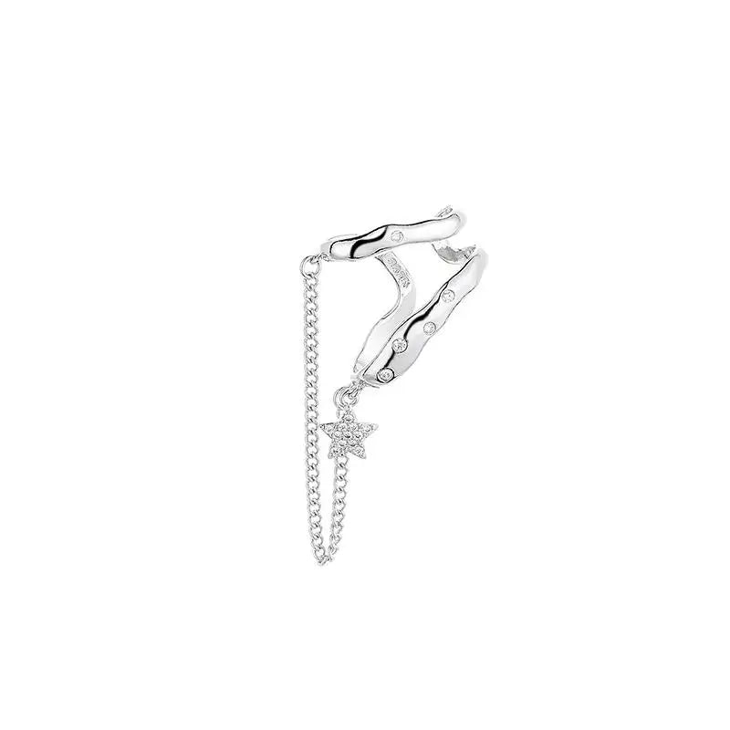 Silver Elf Clip Earrings Star Crystal Tassel Chain Ear Cuff