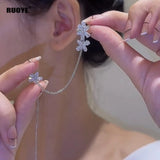 Crystal Flower Long Earring Silver Chain Earclip