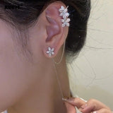 Crystal Flower Long Earring Silver Chain Earclip