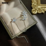 Crystal Flower Long Earring Silver Chain Earclip