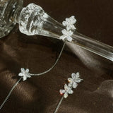 Crystal Flower Long Earring Silver Chain Earclip