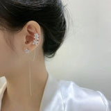 Crystal Flower Long Earring Silver Chain Earclip