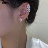 Crystal Flower Long Earring Silver Chain Earclip