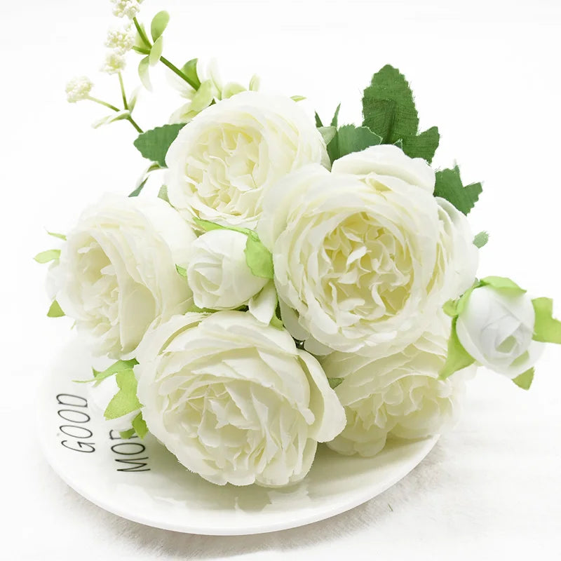 1 Peony Bouquet 5 Forks 9 Flowers Wedding Home Decor Artificial DIY Arrangement