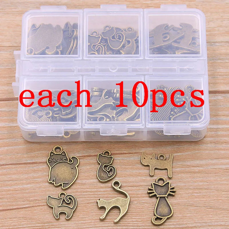 60Pcs/Lot 6 Styles Cat Charm Pendant Kit for DIY Jewelry Making