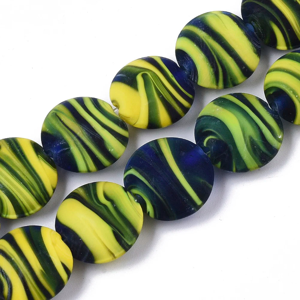 Colorful Frosted Lampwork Stripe Beads Flat Round Spacer Beads