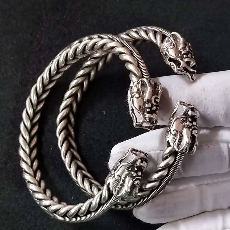Dragon Head Twisted Silk Bracelets Men's Tibetan Silver Jewelry