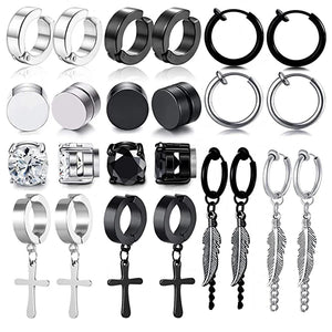 12 Pairs Stainless Steel Magnetic Earrings CZ Clip-on Feather Pendant Set