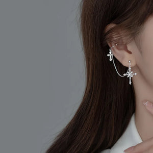 925 Silver Cross Earrings Zircon Crucifix Tassel Cartilage Ear Cuffs