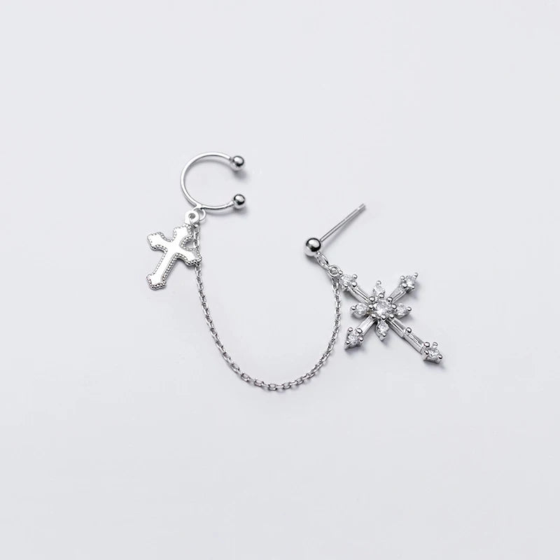 925 Silver Cross Earrings Zircon Crucifix Tassel Cartilage Ear Cuffs