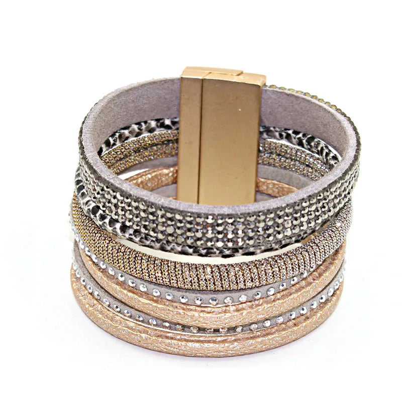 Bohemian 7 Layers Rhinestone Leather Bracelet Magnetic Clasp
