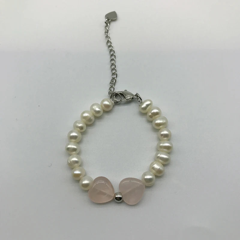 Freshwater Pearl Pink Quartz Heart Shape Bracelets for Girls