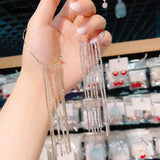 Long Tassel Crystal Ear Cuff Clip Earrings Silver Jewelry