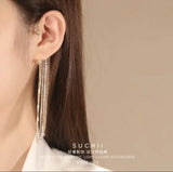 Long Tassel Crystal Ear Cuff Clip Earrings Silver Jewelry