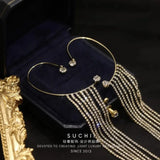 Long Tassel Crystal Ear Cuff Clip Earrings Silver Jewelry