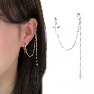 Silver Cross Ear Cuff Clip on Long Chain Earring for Women