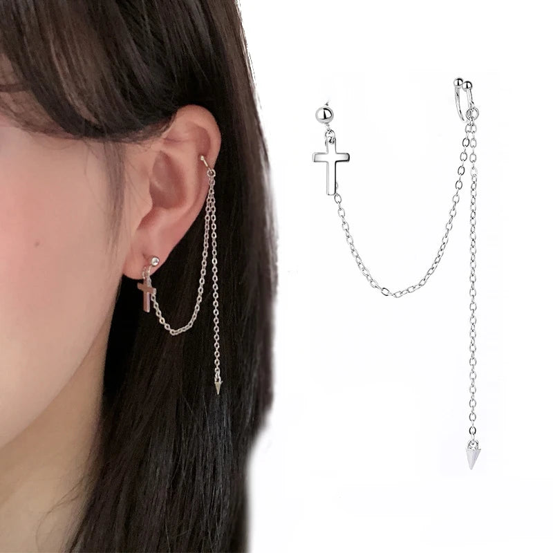 Silver Cross Ear Cuff Clip on Long Chain Earring for Women