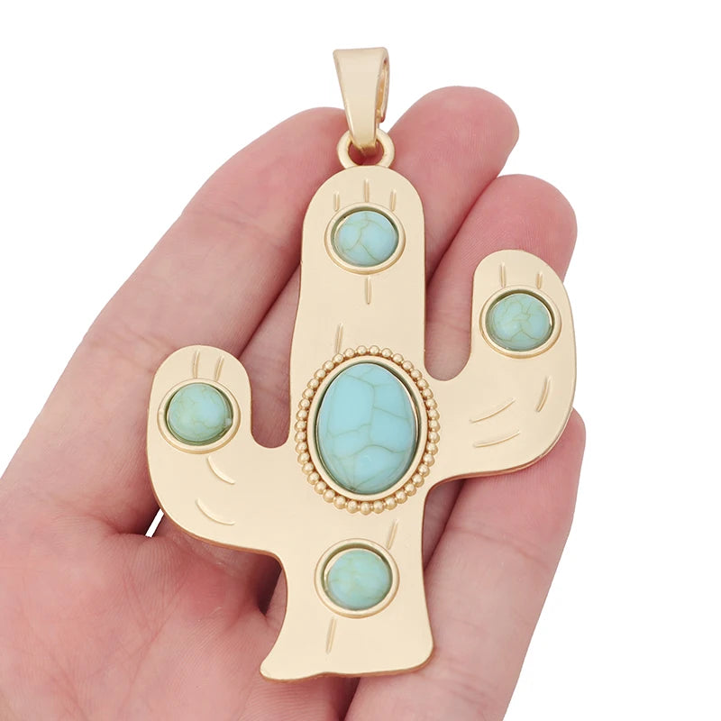 Matte Large Cactus & Faux Stone Charms Pendant for Jewelry Making