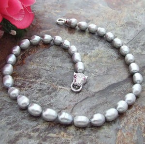 10-12mm Akoya South Sea Gray Pearl Necklace 18'' Leopard Clasp