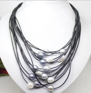 Gray Freshwater Pearl Pendant Necklace Leather Cord Magnet Clasp