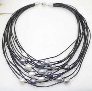 Gray Freshwater Pearl Pendant Necklace Leather Cord Magnet Clasp