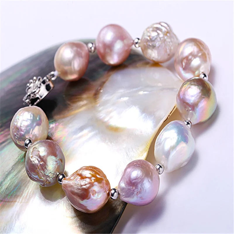 10-12mm Multicolor Baroque Pearl Bracelet 18K Buckle 7.5in Chain Classic Gift