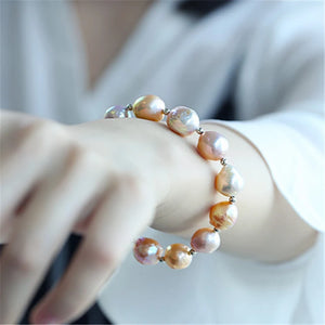 10-12mm Multicolor Baroque Pearl Bracelet 18K Buckle 7.5in Chain Classic Gift