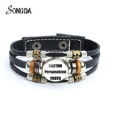 Custom Leather Bracelet Name Logo Photo Gift Couple Charm Glass Bracelets