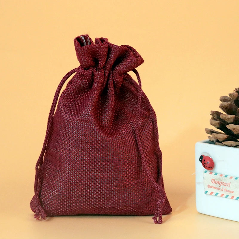 Dark Red Jute Bags Wedding Favors Gift Drawable Jewelry Bag 10pcs