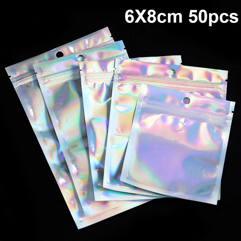 10-50pcs Iridescent Zip Lock Bags Holographic Cosmetic Makeup Pouches