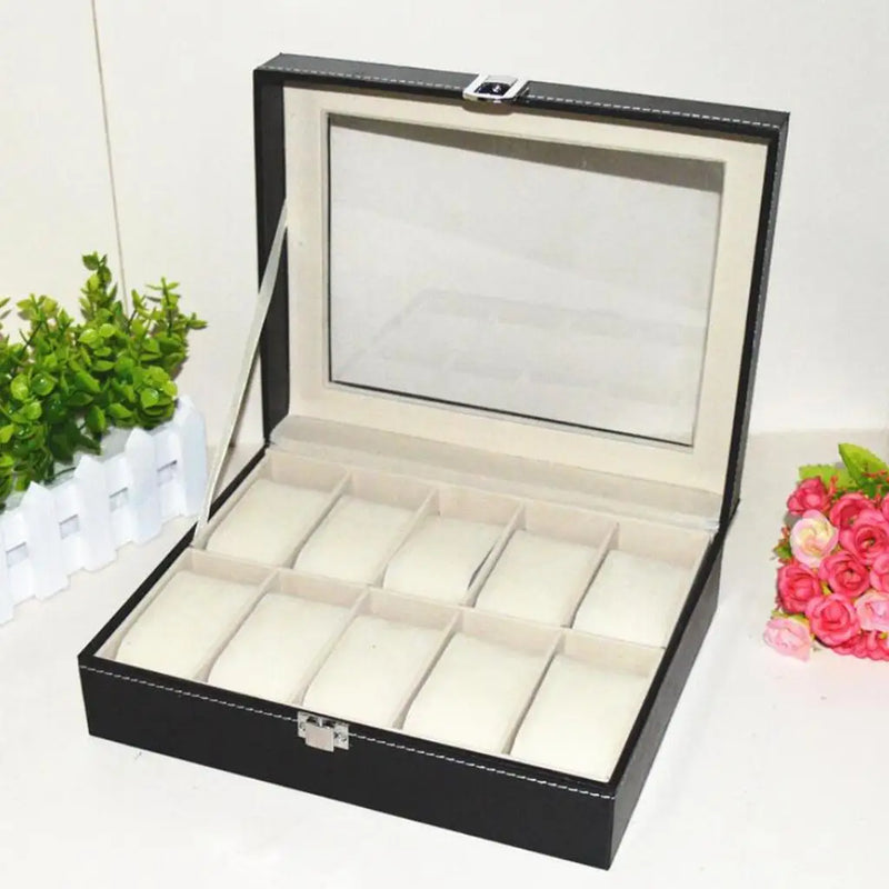Wooden Wristwatch Display Case Storage Organizer - 10 Grids Classy Holder