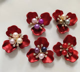 10 PCS 38.5x36mm Red Flower Pearl Alloy Acrylic Shell Hair Jewelry DIY Making