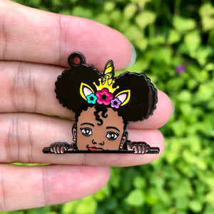 10 PCS Afro Girl Puff Kids With Unicorn Crown Charm Enamel Pendant