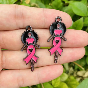 10 PCS Afro Girl Breast Cancer Awareness Pink Ribbon Charm Enamel Pendant