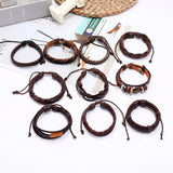 10 PCS Multilayer Leather Strap Bracelets for Men Vintage Punk Style Jewelry